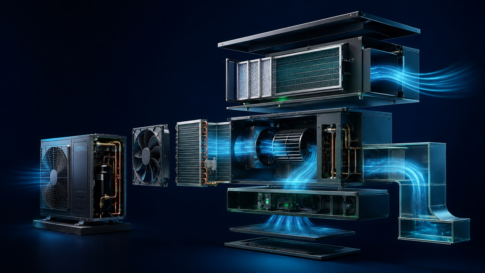 Premium 3D exploded view of a residential HVAC system and airflow